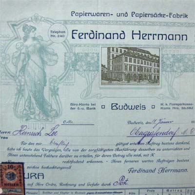 Ferdinand Herrmann, Budweis, alte Rechnung, 1918