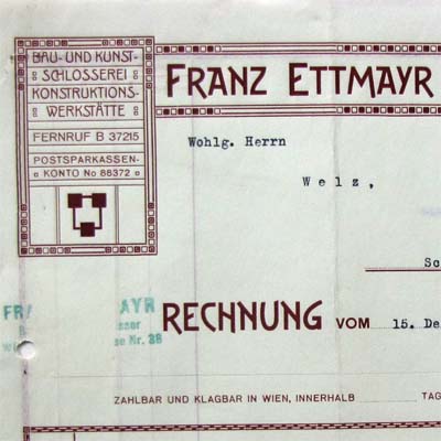 Franz Ettmayr, Wien, alte Rechnung, 1933