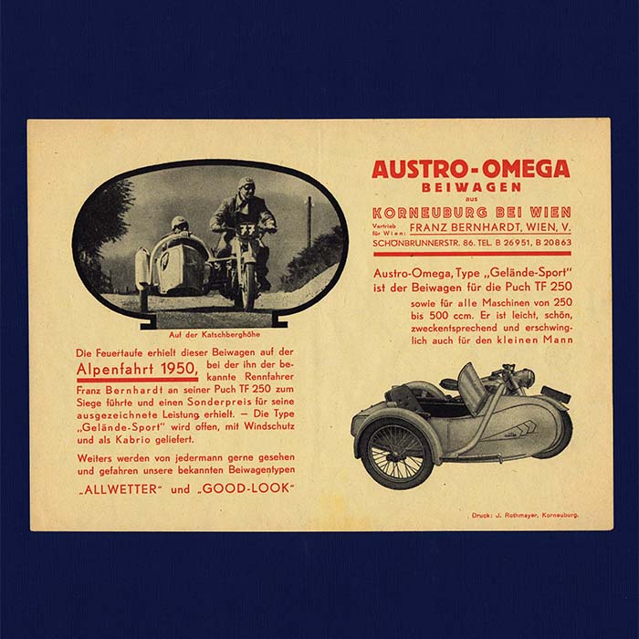 Austo-Omega Beiwagen, Werbeprospekt, 1950