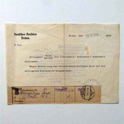 Beiblatt Urkundensendung, Deut. Konsulat Brünn, 1938