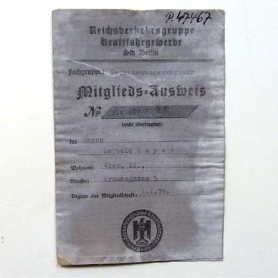 Mitgliedsausweis Reichsverkehrsgruppe, Berlin, 1939