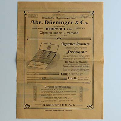 Herrnhuter Cigarren-Versand, Werbeblatt, 1905