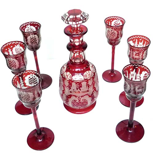 Likör-Flasche mit Gläser, Rubinglas, Überfangglas