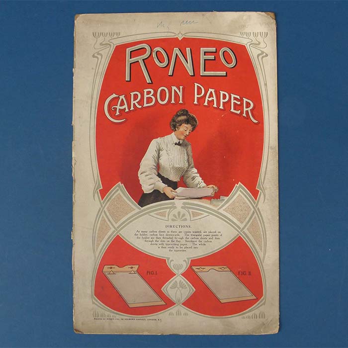 Roneo Carbon Paper, Pappschild, Reklame, um 1910