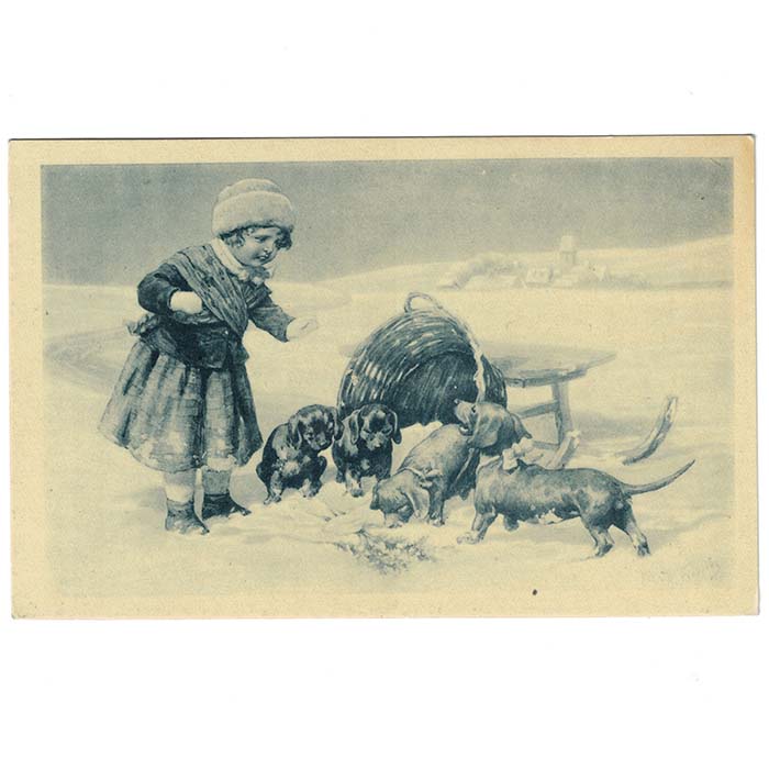 Kind im Schnee, Hunde, Weihnachtskarte