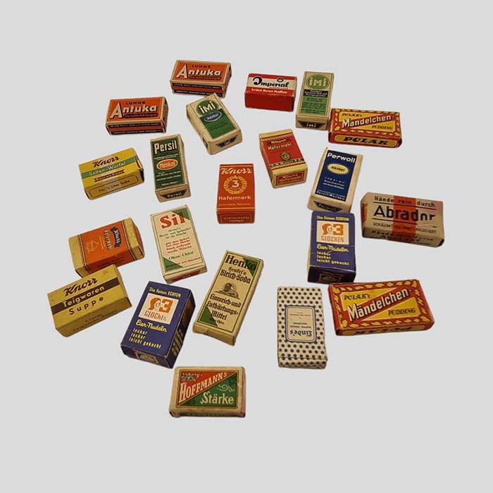 Kaufmannsladen, Konvolut, kleine Schachteln, um 1940