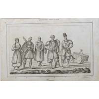 alter Kupferstich, Soldaten und Kostüme aus Kaukasien