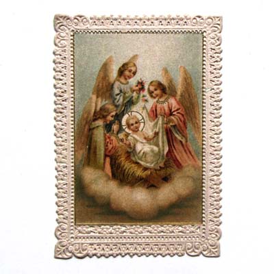 Weihnachtskrippe mit Engeln und Jesukind in der Krippe
