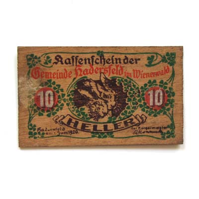 10 Heller, Kassenschein aus Hadersdorf, Sperrholz, 1920