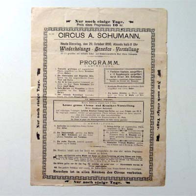 Circus A. Schumann, Programmblatt, 1890 