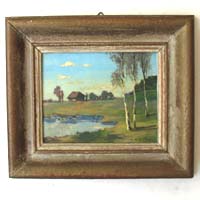 Landschaft mit See und Birken, Ölbild auf Holz