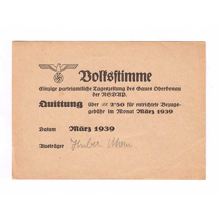 Volksstimme, NSDAP, Quittung Bezugsgebühr, 1939