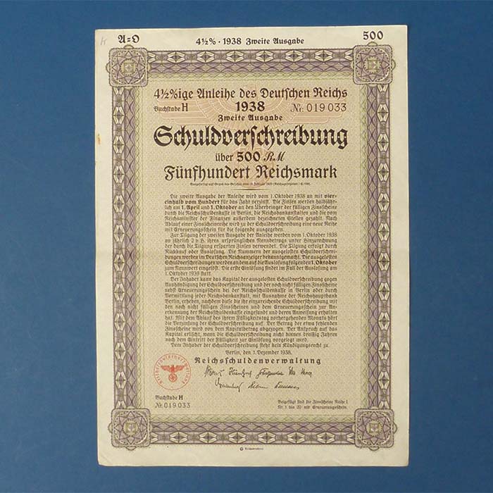 Schuldverschreibung Deutsches Reich, 500 RM, 1938