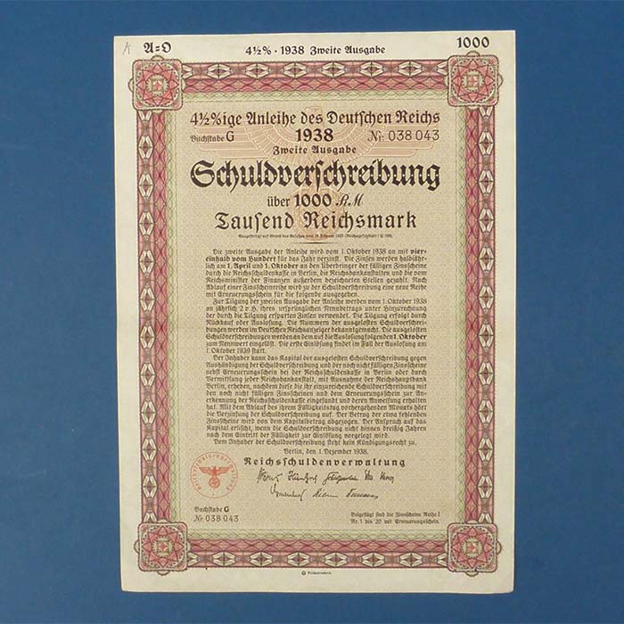 Schuldverschreibung Deutsches Reich, 1000 RM, 1938