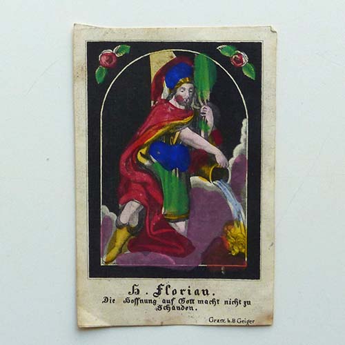 Heilige Florian, Heiligenbildchen, handkoloriert